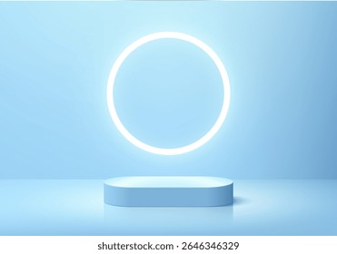 Light blue round podium 3D background with glowing neon circle backdrop. Abstract composition minimalist design. Studio display showroom cosmetic product pedestal, Fashion stage showcases mockup scene
