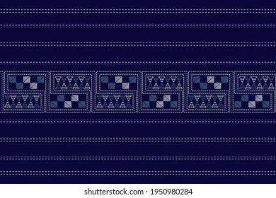 Light blue running stitch on indigo background embroidery pattern. Textile all over print. Classic simple decor. Seamless vector illustration.