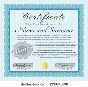 Light blue Sample Certificate. Artistry design. Vector illustration. With complex background. 