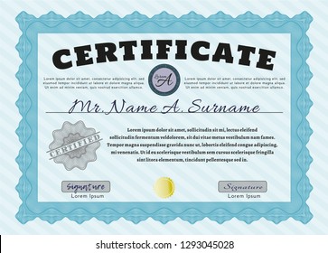 Light blue Sample Certificate. Artistry design. Detailed. With great quality guilloche pattern. 