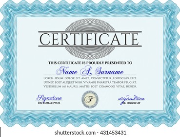 Light blue Sample Certificate. Artistry design. With quality background. Vector pattern that is used in money and certificate. 
