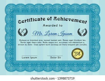 Light blue Sample Certificate. Beauty design. With guilloche pattern. Vector illustration. 