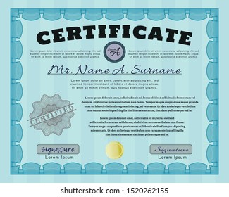 Light blue Sample Certificate. Beauty design. Detailed. With great quality guilloche pattern. 