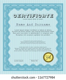 Light blue Sample Certificate. Complex background. Vector illustration. Retro design. 