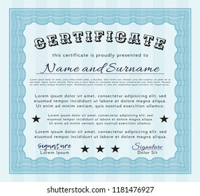 Light blue Sample Certificate. With complex linear background. Vector illustration. Perfect design. 