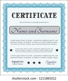 Light blue Sample Certificate. Complex background. Artistry design. Customizable, Easy to edit and change colors. 