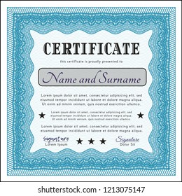 Light blue Sample Certificate. With complex linear background. Detailed. Good design. 