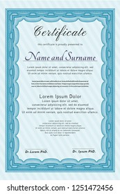 Light blue Sample Certificate. Complex background. Detailed. Nice design. 