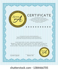 Light blue Sample Certificate. With complex background. Money Pattern design. Detailed. 