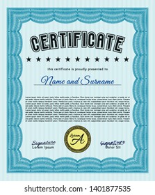 Light blue Sample Certificate. With complex background. Money Pattern design. Detailed. 