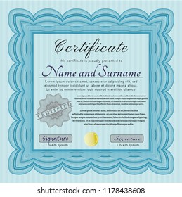 Light blue Sample Certificate. Cordial design. With guilloche pattern. Detailed. 
