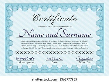 Light blue Sample Certificate. Cordial design. With complex background. Vector illustration. 