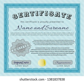 Light blue Sample Certificate. Cordial design. Easy to print. Customizable, Easy to edit and change colors. 