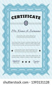 Light blue Sample Certificate. Cordial design. Vector illustration. With background. 