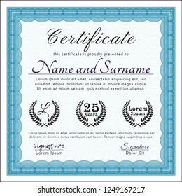 Light blue Sample Certificate. Customizable, Easy to edit and change colors. With guilloche pattern and background. Retro design. 