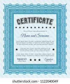Light blue Sample Certificate. Detailed. With complex linear background. Money style design. 