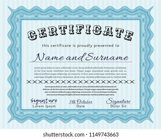 Light blue Sample Certificate. Detailed. With guilloche pattern. Sophisticated design. 