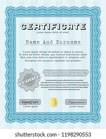 Light blue Sample Certificate. Detailed. With linear background. Nice design. 