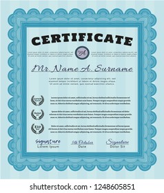 Light blue Sample Certificate. Detailed. With complex linear background. Superior design. 