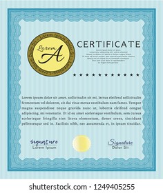 Light blue Sample Certificate. Detailed. With complex linear background. Money design. 