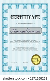 Light blue Sample Certificate. Detailed. With guilloche pattern and background. Artistry design. 