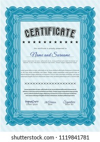 Light blue Sample certificate or diploma. With complex linear background. Detailed. Retro design. 