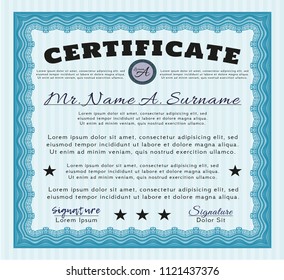 Light blue Sample certificate or diploma. With quality background. Detailed. Money style design. 
