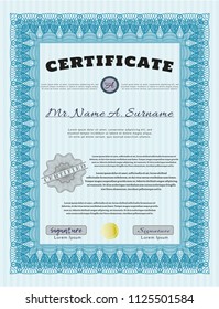 Light blue Sample certificate or diploma. Cordial design. Vector illustration. With quality background. 
