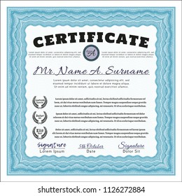 Light blue Sample certificate or diploma. Vector illustration. With complex linear background. Superior design. 