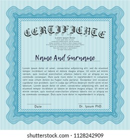 Light blue Sample certificate or diploma. Lovely design. With complex background. Customizable, Easy to edit and change colors. 