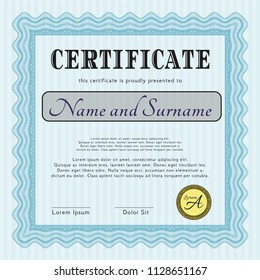Light blue Sample certificate or diploma. With guilloche pattern. Customizable, Easy to edit and change colors. Money Pattern design. 