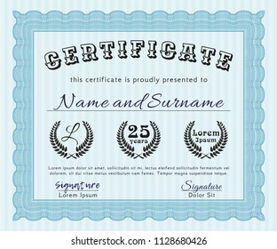 Light blue Sample certificate or diploma. With complex background. Lovely design. Detailed. 