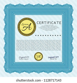 Light blue Sample certificate or diploma. Printer friendly. Customizable, Easy to edit and change colors. Modern design. 