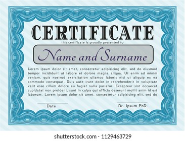 Light blue Sample certificate or diploma. With background. Vector illustration. Lovely design. 
