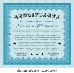 Light blue Sample certificate or diploma. Customizable, Easy to edit and change colors. With complex background. Lovely design. 