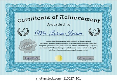 Light blue Sample certificate or diploma. Elegant design. With background. Detailed. 
