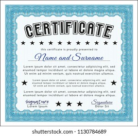 Light blue Sample certificate or diploma. With linear background. Vector illustration. Money style design. 