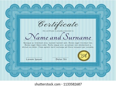 Light blue Sample certificate or diploma. Customizable, Easy to edit and change colors. With great quality guilloche pattern. Cordial design. 