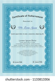 Light blue Sample certificate or diploma. Money style design. Detailed. With complex background. 