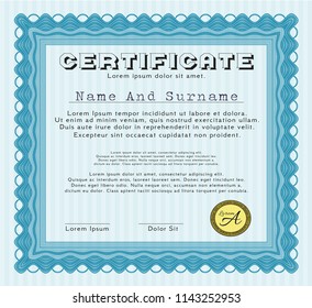 Light blue Sample certificate or diploma. With guilloche pattern and background. Customizable, Easy to edit and change colors. Cordial design. 