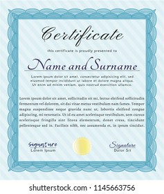 Light blue Sample certificate or diploma. Superior design. Customizable, Easy to edit and change colors. With background. 