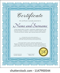 Light blue Sample certificate or diploma. Money Pattern. Customizable, Easy to edit and change colors. With complex background. 