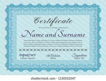 Light blue Sample certificate or diploma. Easy to print. Money Pattern design. Customizable, Easy to edit and change colors. 