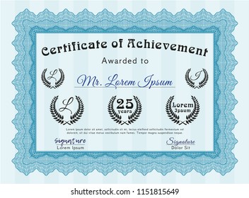 Light blue Sample certificate or diploma. Sophisticated design. With complex linear background. Customizable, Easy to edit and change colors. 