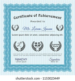 Light blue Sample certificate or diploma. Money design. Customizable, Easy to edit and change colors. With guilloche pattern. 