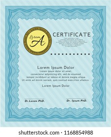 Light blue Sample certificate or diploma. With linear background. Artistry design. Vector illustration. 