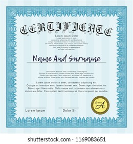 Light blue Sample certificate or diploma. Detailed. With background. Excellent design. 