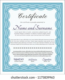 Light blue Sample certificate or diploma. Complex background. Retro design. Vector illustration. 