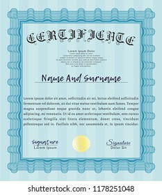 Light blue Sample certificate or diploma. Easy to print. Modern design. Customizable, Easy to edit and change colors. 