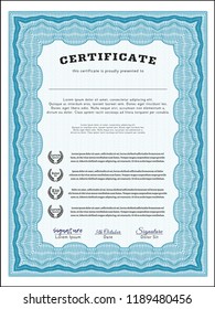 Light blue Sample certificate or diploma. Customizable, Easy to edit and change colors. With complex linear background. Money Pattern design. 